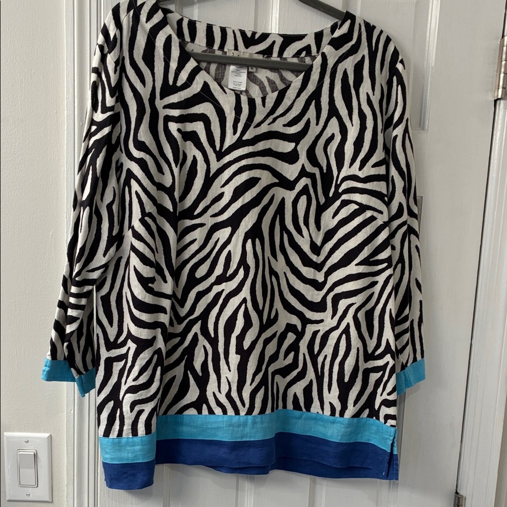Chic Zebra Pattern Long Sleeve Top with Blue Trim